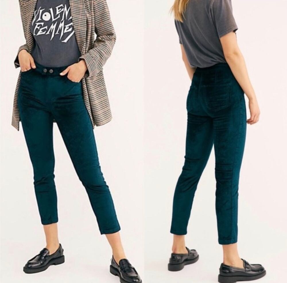 Free People We The Free Sweet Jane Velvet Skinny Jeans Green Mid Rise Stretch 27